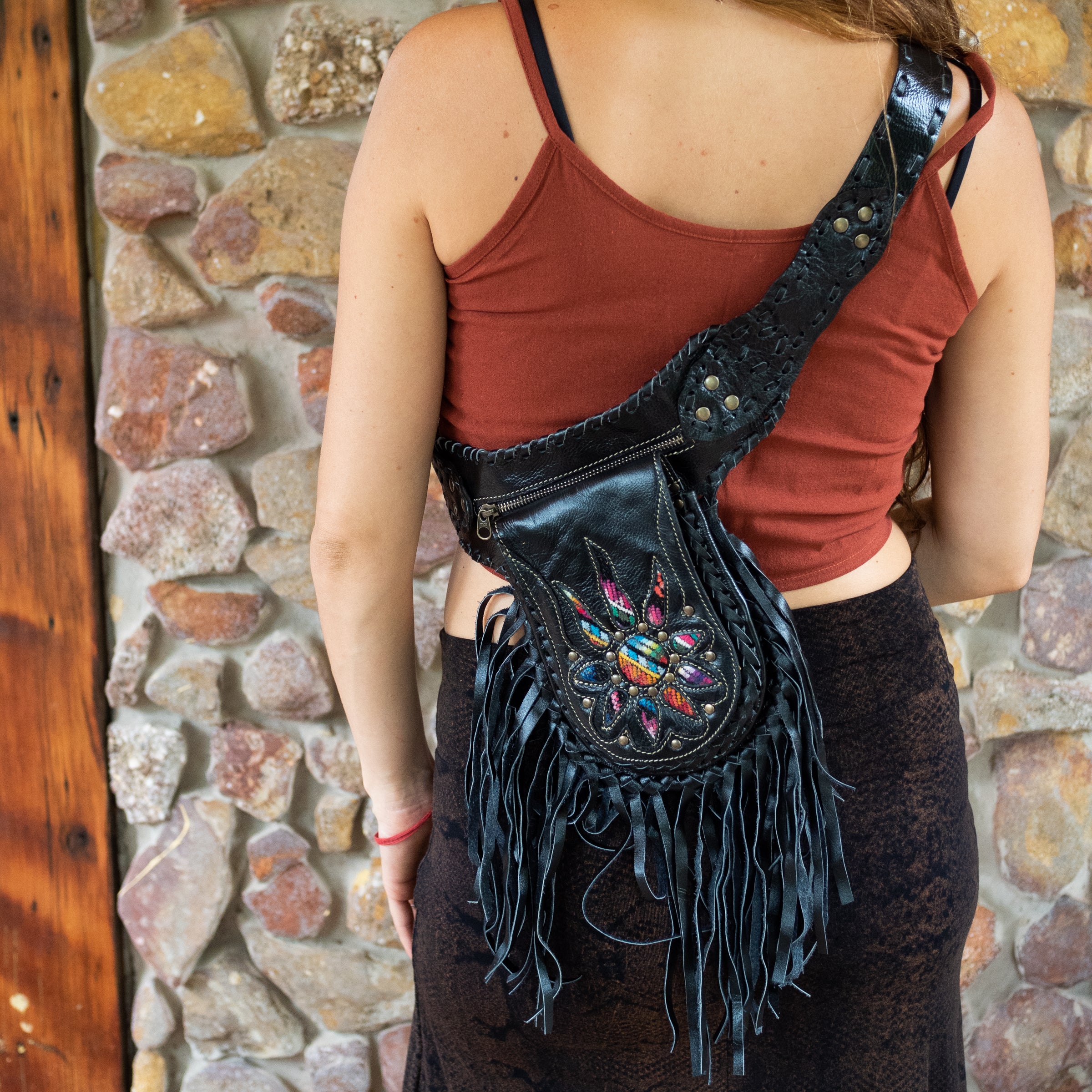 Black Bohemian Leather Festival Belt with Tassels and Embroidery